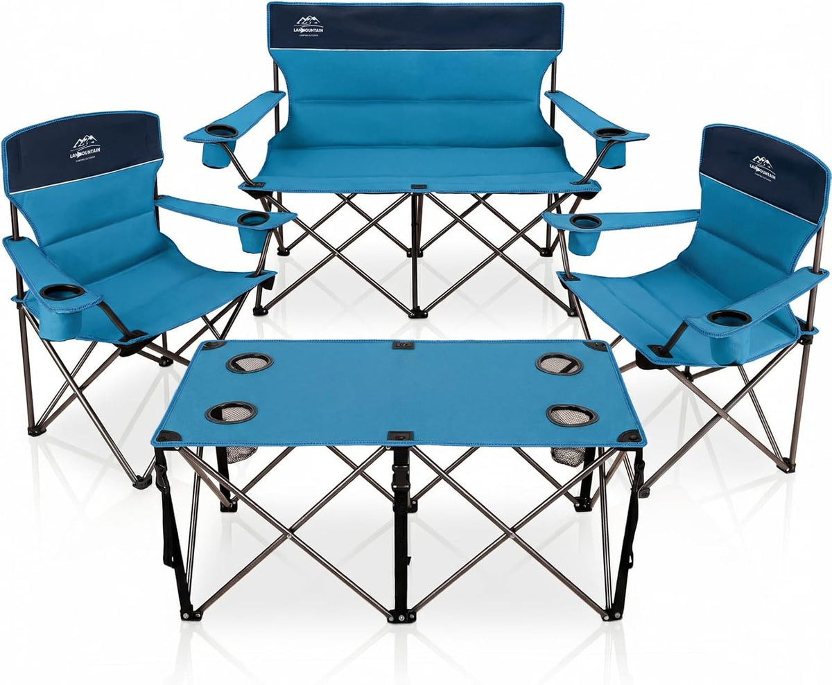 Oversized 4 Pcs Camping Chair Set with Table,Outdoor Folding Heavy Duty Lawn Chair,Cup Holder,Portable,Loveseat Chair Perfect for Family Hiking,Picnics and Beach Trips,Light Blue
