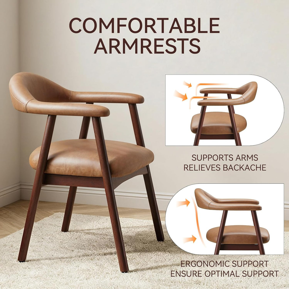 MALOL Leather Dining Chair with Armrest Set of 4, Upholstered Dining Room Chair with Curved Back and Wood Legs, Mid Century Modern Kitchen Chairs for Kitchen Dining Room,Brown