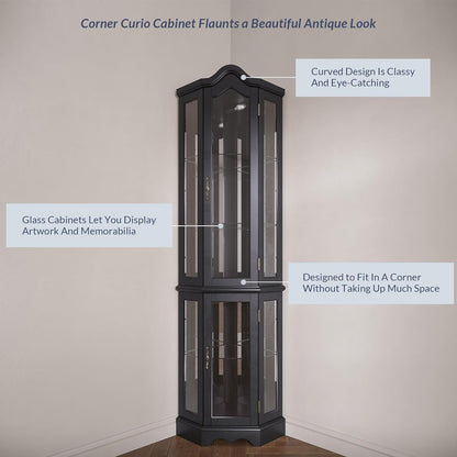BELLEZE Lighted 3-Side Glass Display Curio Cabinet w/Tempered Glass Doors and Shelves, Curved Wood Corner Cabinet with Bulb, Corner Storage Rack for Living Room and Kitchen (Black)