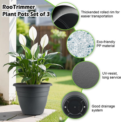 12 Inch Plant Pots, Large Planters for Outdoor Plants, Plastic Flower Pots - Durable and Lightweight with Drainage Holes (3 Packs, Gray)