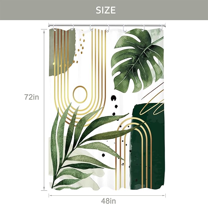 Glawry Green Gold Boho Mid Century Shower Curtain Small Stall RV Narrow Abstract Minimalist Modern Geometric Leaf Bathroom Simple 48Wx72L Inches Bath Accessories Art Home Decor Fabric 8 Pack Hook