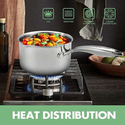 3.5 Quart Stainless Steel Pot Saucepan with Glass Strainer Lid, Sauce Pot with Two Side Spouts, Induction Cooking Pot, Multipurpose Sauce Pan with Lid for Cooking(Tri-Ply Full Body)