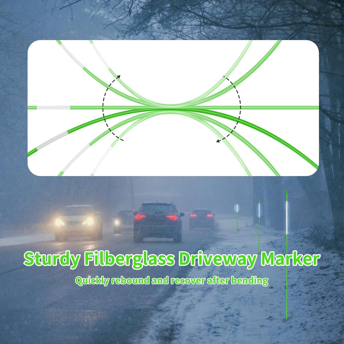 Growsun Driveway Marker 5ft Green Fiberglass 5/16 inch Dia Snow Fence Reflective Plow Stakes for Yard Walkways Parking Lots Safety Rods Edge, 25 Pack