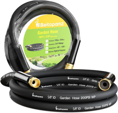 Short Garden Hose 10 ft x 5/8 in Male to Female Heavy Duty Small Water Hose Extend Connector, Lightweight Rubber Hybrid Leader Hose, Leak-Free Connections, BT10B, Black