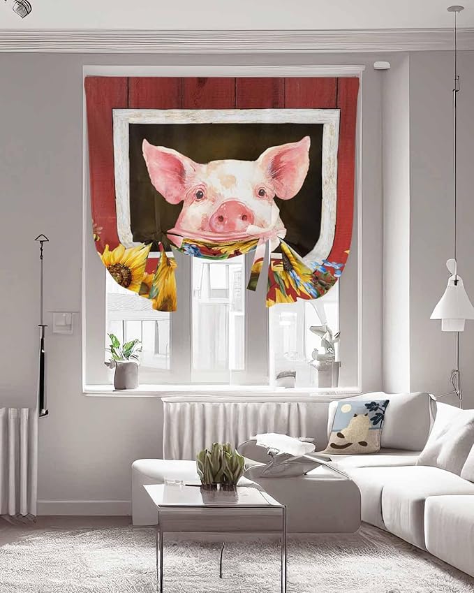 Tie Up Curtains for Windows, Pigs Sunflowers Adjustable Balloon Nature Linen Textured Kitchen Curtain, Farmhouse Red Barn Flowers Animals Privacy Curtains Balloon Blind for Cafe, 42 x 63 Inches