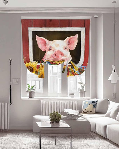 Tie Up Curtains for Windows, Pigs Sunflowers Adjustable Balloon Nature Linen Textured Kitchen Curtain, Farmhouse Red Barn Flowers Animals Tie Up Light Filtering Curtains for Decor, 34 x 45 in
