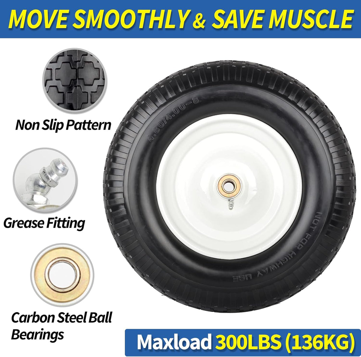 4.80/4.00-8" Flat-Free Tire and Wheel 16" Solid Wheelbarrow Tire, 6" Centered Hub, 5/8" Axle Bore Hole for Wheel Barrow Garden Utility Cart Replacement
