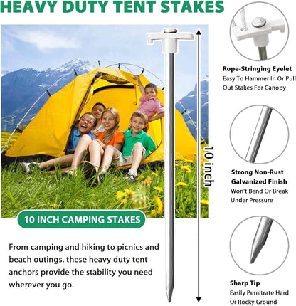 Eurmax USA Galvanized Non-Rust Camping Family Tent Pop Up Tent Stakes Canopy Anchors Heavy Duty 10pc-Pack, with 4x10ft Ropes & 1 White Stopper