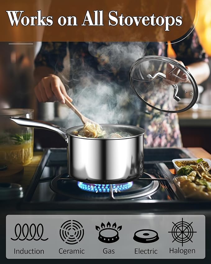 Cook N Home Stainless Steel Saucepan 1.5 Quart, Tri-Ply Full Clad Sauce Pan with Glass Lid, Silver