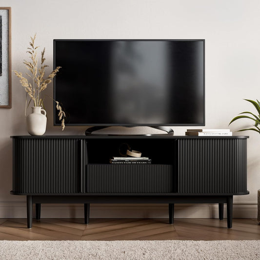 MAISONARIA Living Room Table Sets of 4, Sliding Doors End Table & TV Stand, Wood Coffee Table with Storage, Fluted TV Stand for Bedroom, Living Room (Black)