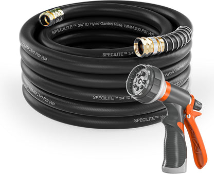 SPECILITE Garden Water Hose 75 ft x 3/4 in Heavy Duty, Flexible and Lightweight, Burst 600 psi, Kink-less Hybrid Rubber Pipe for Backyard, 3/4'' Brass Fittings, Black