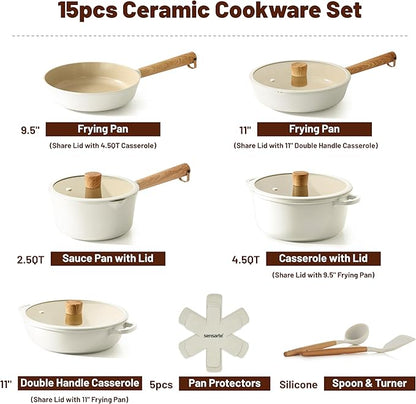 SENSARTE Ceramic Nonstick Cookware Set Non-toxic Healthy Pots and Pans Set Ceramic Coated Kithchen Cooking Set, Free of Intentionally Added PFAS/PTFE, Dishwasher&Oven Safe, Induction Compatible, 15pcs