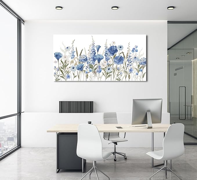 arteWOODS Elegant Flowers Wall Art - Blue White Botanical Pictures for Wall Decor Floral Blossom Canvas Painting Print Artwork for Living Room Bedroom Home Office Wall Decoration 24" x 48"