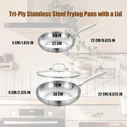 LOLYKITCH 8-12 Inch Tri-ply Stainless Steel Frying Pans Set with a Lid,Skillets,Induction Cooking Pans,Dishwasher and Oven Safe,Riveted Handle