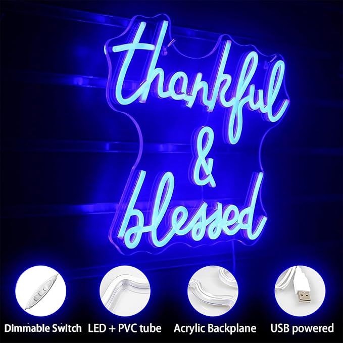 Thankful and Blessed Neon Sign Thanksgiving Led Sign Blessed Neon Lights Blue Light up Sign USB Powered Switch Neon Signs for Wall Decor for Wedding Decoration Birthday Party Girls Decor