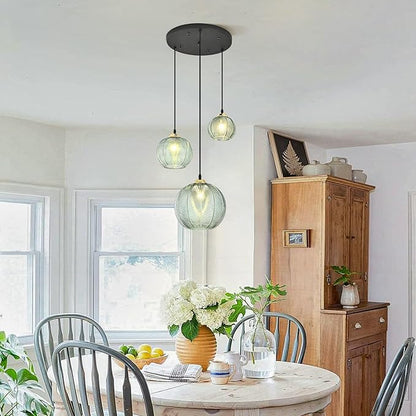 KCO Lighting Vintage Green Glass Chandelier 3 Light Pendant Light Fixtures Farmhouse Striped Glass Pendant Light Gold and Black Hanging Lights Multi Light Cluster Pendant Lighting