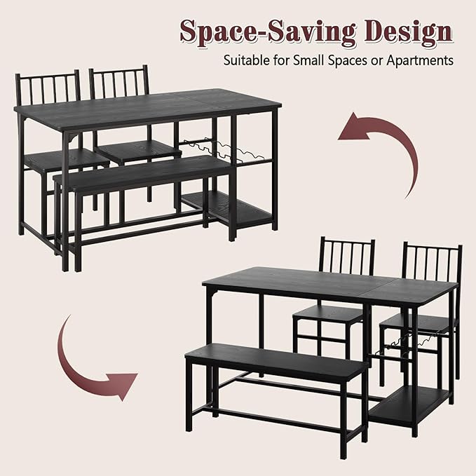 4 EVER WINNER Dining Table Set for 4, 55" Kitchen Table Chairs with 2 Chairs and Bench, 4 Piece Dining Room Table Set with Wine Rack & Wine Glasses Holder for Small Space, Black