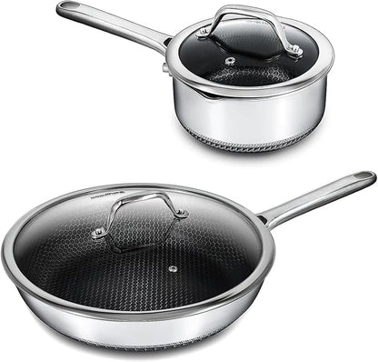 Hybrid Nonstick Cookware Set,Stainless Steel 12 Inch Frying Pan & 2QT Saucepan with Steamer Basket,3 PCS Silicone Kitchen Utensils Set