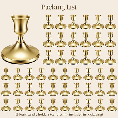 48 Pack Brass Gold Taper Candle Holders Set - Vintage Metal Candlestick Holders Set Candle Holder for Table Centerpiece, Wedding Reception, Festive Christmas Mantel Decoration or Home Decor Gold