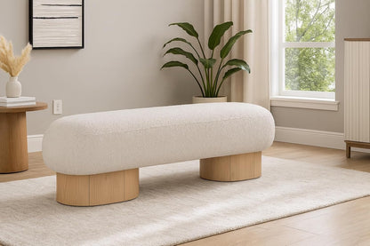 Meridian Furniture 22001Cream Robertson Collection Art Deco Bench with Luxurious Cream Boucle Fabric and Rich Natural Oak Finish, 60.5" W x 18" D x 16" H, Cream