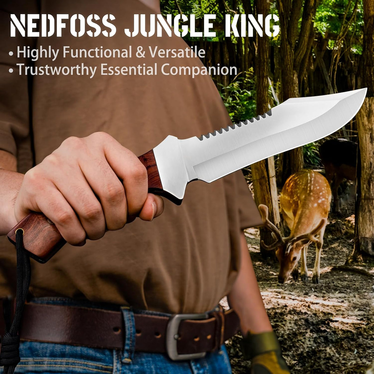NedFoss 13" Survival Knife with Sheath, 7" Large Blade Camping Knives with Rosewood Handle, Full Tang Bowie Fixed Blade Hunting Knife, Outdoor Bushcraft Gifts for Men Women