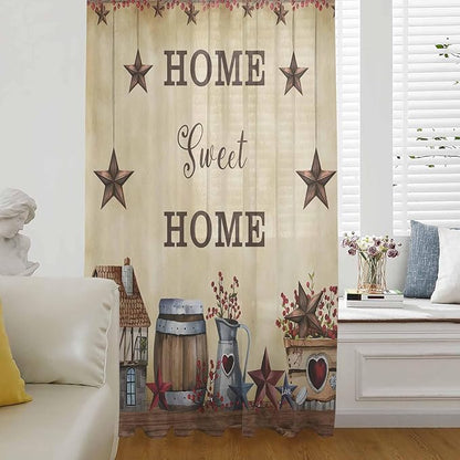 Farm Sheer Curtains 84 Inch Length American Country Barn Star Vintage Berry Brown Chiffon Curtain for Bedroom Living Room Light Filtering Rod Pocket Window Treatments Voile Curtains Drapes for Dining
