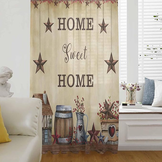 Farm Sheer Curtains 84 Inch Length American Country Barn Star Vintage Berry Brown Chiffon Curtain for Bedroom Living Room Light Filtering Rod Pocket Window Treatments Voile Curtains Drapes for Dining