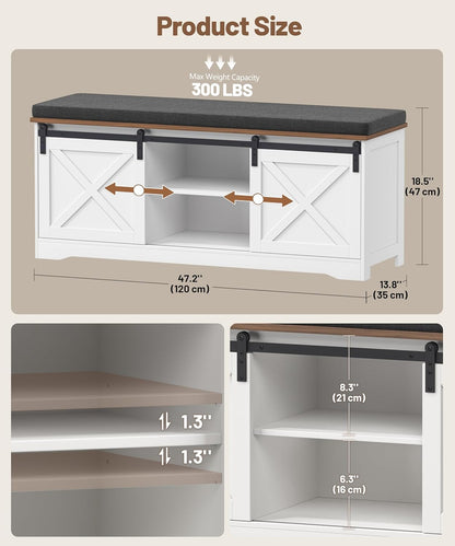 Farmhouse Storage Bench with Cushion, 47.2" Shoe Bench with Slide Barn Doors and Adjustable Shelves, Entryway Bench with Storage for Bedroom, Closet, Living Room, Hallway, White