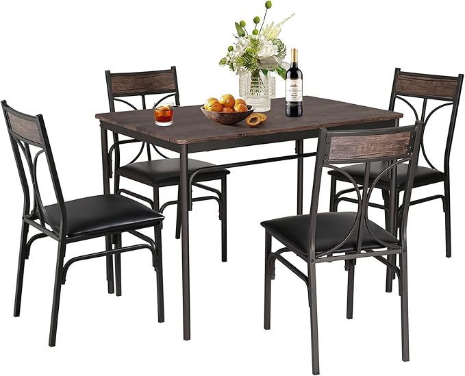 VECELO Kitchen Dining Room Table Set with 4 Chairs for Small Space, Apartment,Metal Steel Frame