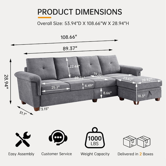 108'' Convertible Sectional Sofa with Storage, 4 Seat L Shaped Couch with Chaise and Cup Holder, Modern Microfiber Fabric Sofas Couches for Living Room, Light Grey