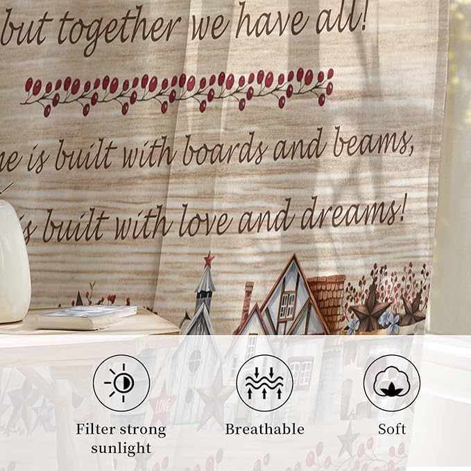Farmhouse Sheer Curtains 72 Inch Length Brown Country Star Berry Vintage Wood Grain Chiffon Curtain for Bedroom Living Room Light Filtering Rod Pocket Window Treatments Voile Curtains Drapes