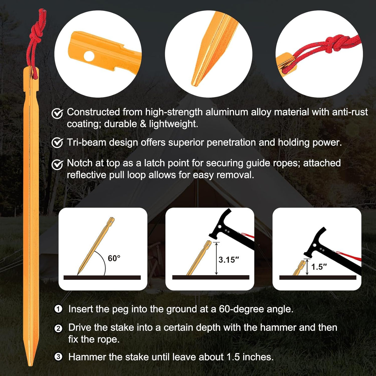 Eurmax USA Hiking Camping Tent Stakes and Hammer Set Lightweight Multi-Function Tent Hammer with Tent Stake Remover,Tent Pegs for Camping, Hiking, Backpacking, Gardening(Gold Stakes)
