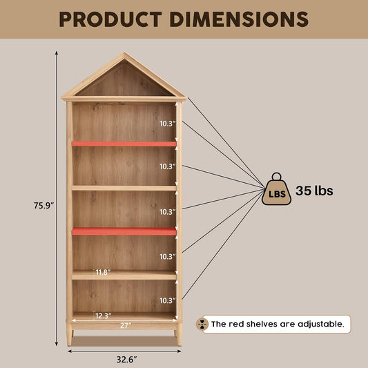 75.9" Tall Angled Arch Bookshelf, 5 Tiers Geometric Large Bookcase with Storage, Modern Triangular Top with Adjustable Shelves, Wood Cabinet w/Open Display Shelves for Living Room, Office Natural