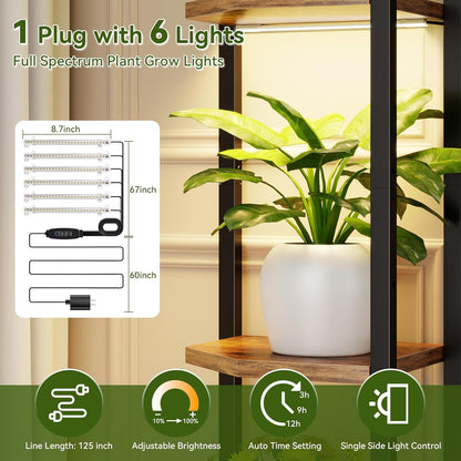 C1 Plant Stand Indoor with 6 Grow Lights, 6 Tiered Large Metal Plant Stand, 55 Inches Tall Plant Shelf with Hooks, Plant Holder Display Shelves for Patio, Garden, Living Room, Balcony
