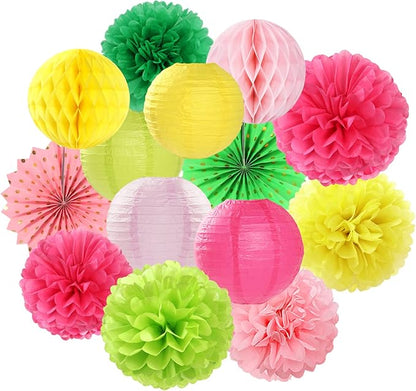 Hawaiian-Summer Beach Pool Party-Decorations Streamers - 14pcs Tropical Jungle Aloha Birthday Supplies Paper Lanterns Fan,Tissue Pom Poms,Baby Shower Honeycomb Ball Decor Lasting Surprise
