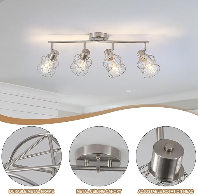 BUXVRCS Adjustable Multi-Directional Brushed Nickel Light Fixtures, Semi Flush Mount Ceiling Light, Kitchen Light Fixtures Ceiling Mount, Geometric Metal Cage Industrial Spotlight Fixtures
