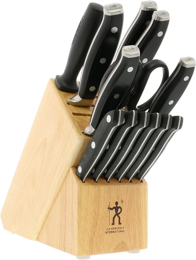 Henckels Forged Premio Knife Set with Block, Chef Knife, Paring Knife, Utility Knife, Steak Knife, 14 Piece, Black, Stainless Steel