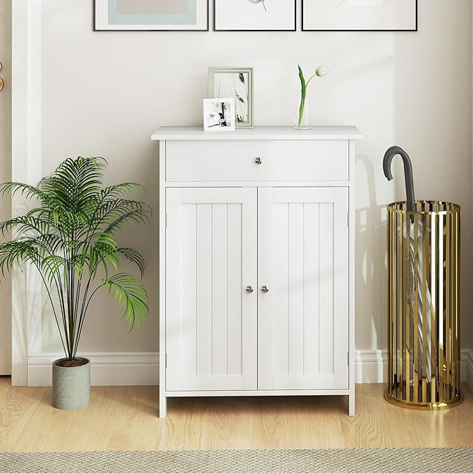 Giantex Storage Cabinet, White Bathroom Cabinet with 2 Doors, 1 Drawer, 3-Level Adjustable Shelf, Modern Wooden Storage Organizer for Laundry Room, Entryway, Living Room
