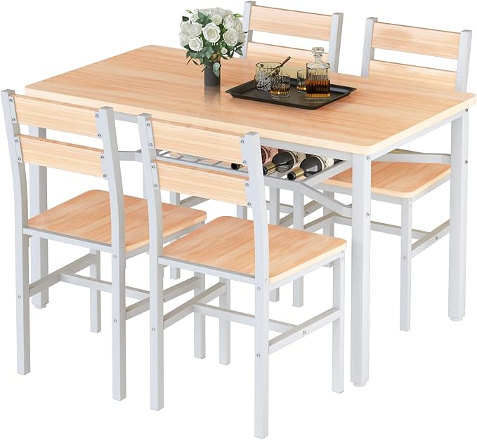 Hooseng Dining Table Set for 4, Wood Kitchen Table Chairs Set with Storage, Farmhouse 5 Piece Dining Room Table Set, Space-Saving Dinette Set for Breakfast Nook, Apartment