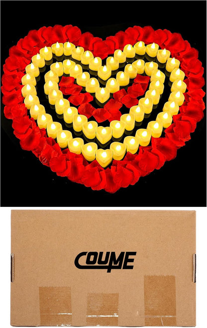 Coume 6000 Pieces Artificial Rose Petal 72 Pieces LED Tealights Candle, Romantic Decorations Special Night Rose Petal Heart Candle for Valentines Wedding Anniversary Proposal Decor(Warm White Light)