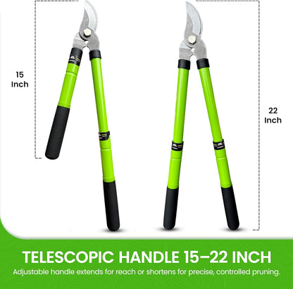 Garden Guru Bypass Loppers Tree Trimmer Clipper w/Telescopic Handle 15–22" - High Carbon Steel Blade Gardening Loppers Pruning Shear - Comfort Grip Handles – Branch Cutter (2 Pack)
