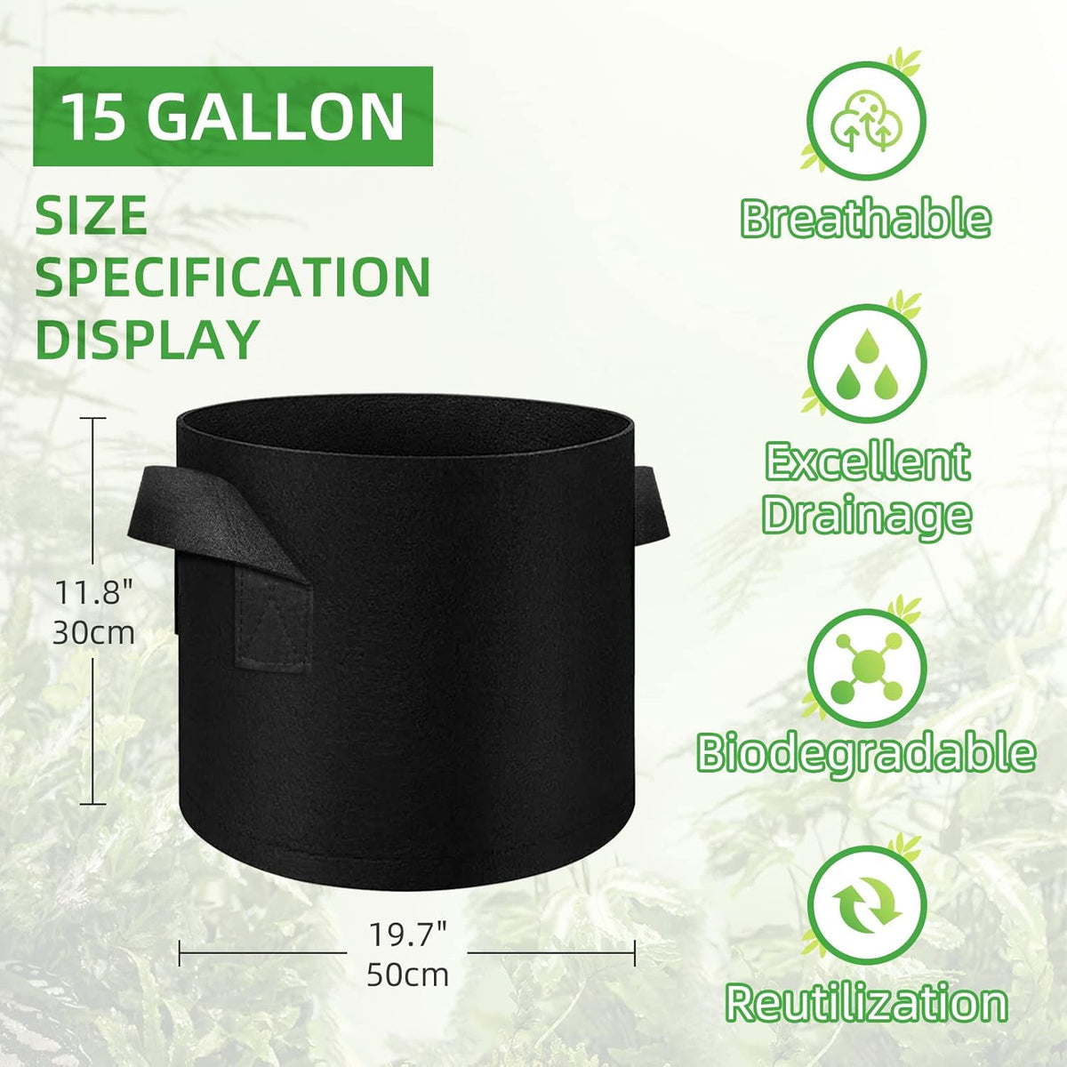30 Pack 15 Gallon Plant Grow Bags, Breathable Felt Non-Woven Aeration Fabric Plant Grow Pots, Garden Planting Containers for Nursery Vegetable Flower Grow Bags with Handles (19.7x11.8inch)