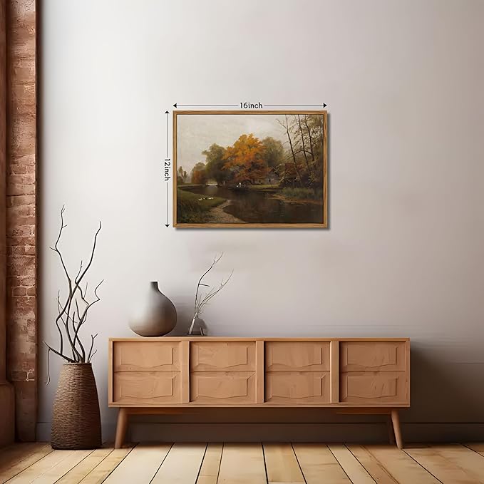 Floating Framed Canvas Wall Art Decor – Vintage Autumn by the Water Landscape Paintings Prints, Nature Countryside Pictures Wall Decor for Living Room Bedroom Office Decoration 12x16 inch