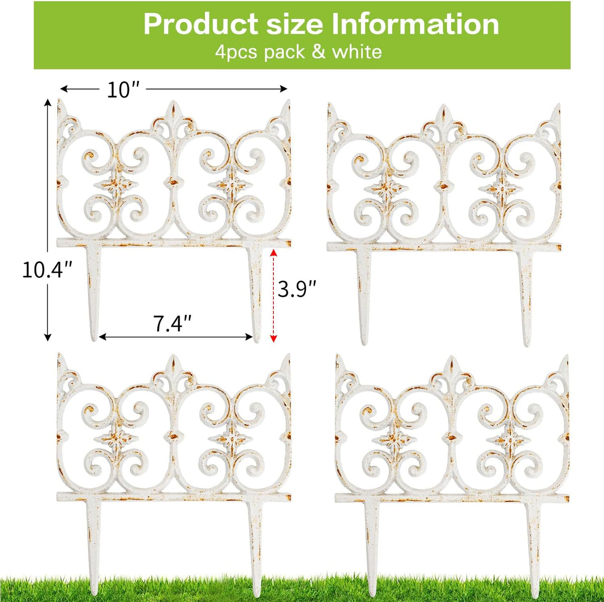 Sungmor Decorative Cast Iron Garden Edging, 4 Pack Rustic White Victorian Garden Edging Landscape Border, Vintage Metal Yard Stake Low Picket Fence, 10.6" Tall Outdoor Flower Bed Lawn Fence Panels