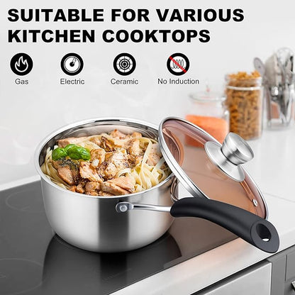 LIANYU 1QT Saucepan with Lid, 1 Quart Stainless Steel Saucepan, Small Pot Milk Soup Pan for Home Kitchen Restaurant, Long Heatproof Handle, Dishwasher Safe