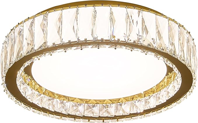 Modern K9 Crystal Dimmable LED Flush Mount Ceiling Light,15 Inch 36W/5CCT 3000K-6000K,Luxury Gold Round Large Close to Ceiling Lighting Fixtures for Living Room,Kitchen,Bedroom,Dining Room