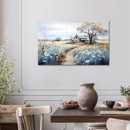 CYULWNNO Rustic Farmhouse Wall Art Beautiful Field Painting Pictures Decor Wildflower Barn Canvas Prints Nature Scenery French Countryside Poster for Bathroom Bedroom Living Room Wall Decor 12x16in Framed