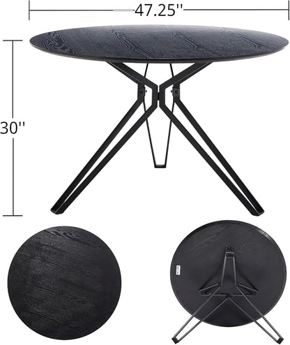 DUOMAY 47'' Round Dining Table for 4-6 Person, Mid-Century Modern Solid Wood Dining Room Table, Dinner Table with Intersecting Pedestal Metal Base for Kitchen, Office, Living Room, Black