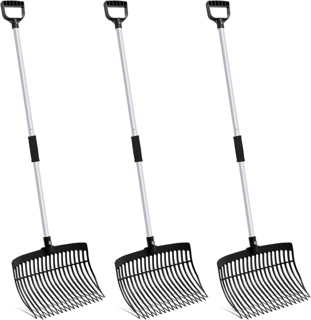 Lasnten 3 Sets Black Manure Fork with Long Metal Handle Pitch Fork Manure Rake Heavy Duty Muck Rake for Gardening Horse Stall Stable Grass Hay Cleaning Farm Work(D Shaped Grip)