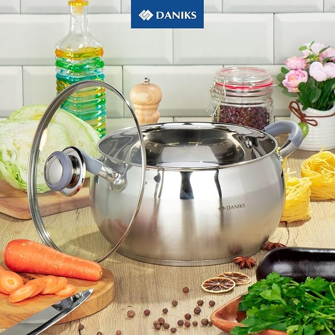 Daniks Modern Frying Pan With Lid Included, 11-Piece Stainless Steel Induction-Compatible Cookware Set, Dishwasher Safe, Heatproof Handles, Glass Lids, Silver